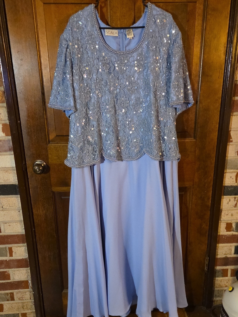 Scala Light Blue Lace & Sequin Overlay Formal Dress